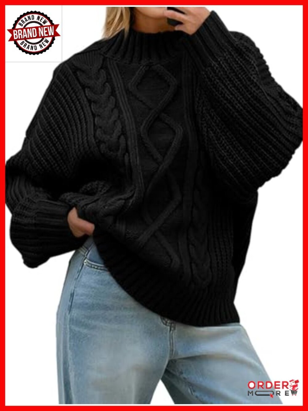 Oversized Cable Knit Turtleneck Button Pullover Sweater